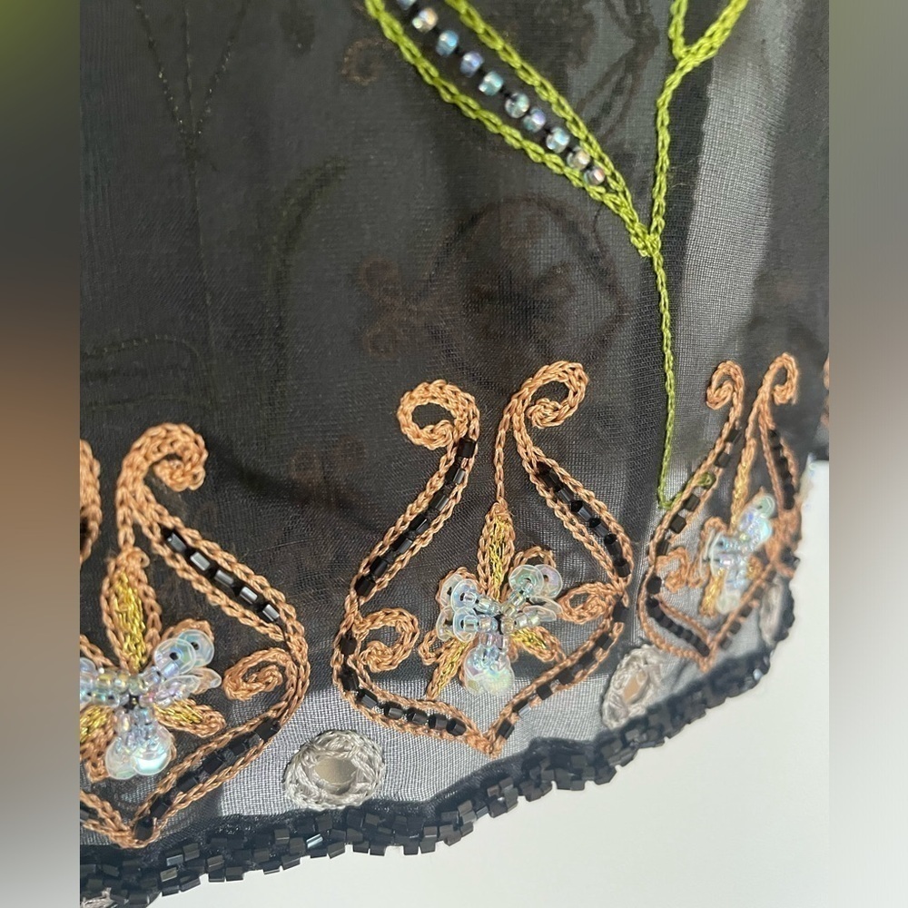 Black Sheer Open Front Long Jacket Blazer Embroidered Beading Stunning Floral M - Picture 9 of 10